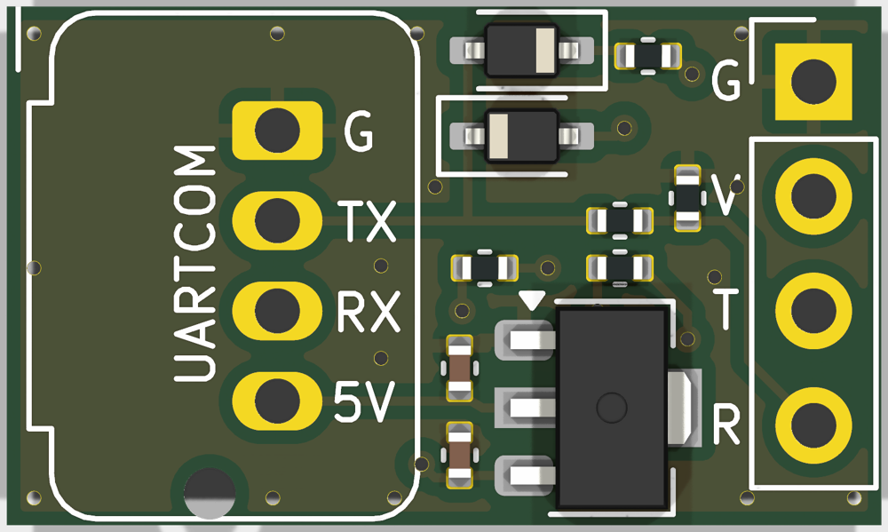 acs-rcbus, top side: J1 to the controller, J2 to the receiver