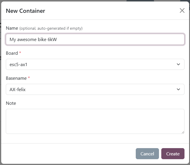 New container form